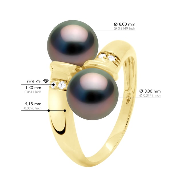 Ring You & Me Diamonds 0,06 Cts (6 x 0,01 cts) 2 Real Cultured TAHITI Pearls Round 8-9 mm - Yellow Gold - available Size even numbers from 48 to 62 - Delivered with Certificate of Authenticity and International Guarantee - MANUFACTURED BY OUR FRENCH JEWELERY ARTISANS