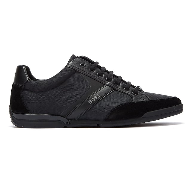BOSS Saturn Low Mix Mens Black Trainers Mixed-material trainers by BOSS. Branded throughout for signature appeal, these trainers are crafted from a combination of suede, faux nappa leather and nylon for hybrid styling. Thermo-bonded details add a modern touch, while moisture-managing lining provides reliable odour control.