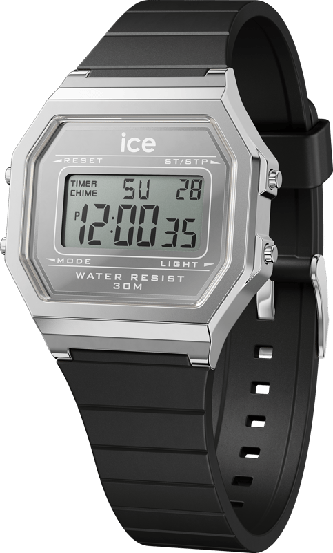 This Ice Watch Ice Digit Retro - Metal Silver Mirror - Black Digital Watch for Women is the perfect timepiece to wear or to gift. It's Silver  Rectangular case combined with the comfortable Black Silicone watch band will ensure you enjoy this stunning timepiece without any compromise. Operated by a high quality Quartz movement and water resistant to 3 bars, your watch will keep ticking. Let yourself be captivated by timeless charm with the ICE digit retro Metal silver mirror. With its design inspired by the classics of the past, this bold watch combines retro style with modern comfort thanks to its soft, comfortable deep-black silicone strap. This Digital watch has a calendar function: Day-Date , Stop Watch , Dual Time , Alarm and Light High quality 19 cm length and 18 mm width Black Silicone strap with a Buckle Case measurement: 32 X 34 mm,case thickness: 8 mm, case colour: Silver and dial colour: Silver