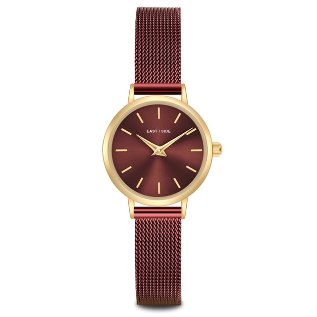 GENERAL INFORMATION:  • Targetgroup: Female  • Wristwatch: No Special Functions  • Display: analogue  • Weight of watch w/o box (gr.) - approx.: 24,0  MOVEMENT:  • Movement: Quartz  • Term of Movement: VC10  • Origin of movement: Japan  BRACELET:  • Material of bracelet/strap: Stainless steel  • Plating of bracelet/strap: Ion-Plating (IP)  • Finishing of bracelet/strap: Smooth  • Finishing/Decoration of bracelet/strap: None  • Clasp/Closure/Buckle: Slide Clasp  • Color of bracelet/strap: bordeaux  • Length of bracelet/strap (mm) approx.: 190,0  • Width of bracelet/strap (mm) approx.: 9,5  • Style/Design of bracelet/strap: Mesh band (Millanaise Style)  • Bracelet/strap adjustable?: No  CASE:  • Shape of case: Round  • Size/Diameter of case in mm . approx.: 24,0  • Height of case in mm: 7,6  • Case material: Metal (Alloy)  • Surface of case: Polished  • Bezel/Topring: Fixed  • Finishing/Decoration of case: None  • Material of case back: Stainless steel  • Lock of case back: No screwed-in crown  • Color of case: Yellowgold  • Coating/Plating (Case): Ion-Plating (IP)  • Type/Form of crystal: Flat  • Material of crystal: Mineral crystal  • Water resistant (ATM): 3  DIAL:  • Size jewelry care cloth: Hour, Minute  • Indices: Line indices  • Material of dial: Brass  • Structure/pattern of dial: Flat  • Color of dial: bordeaux  PUSHER, CROWN, HAND:  • Pusher: None  • Corrector: No  • Crown: No screwed-in crown  • Type of hands: Dauphine hands  • Luminescent (hands): No  PACKAGING & SCOPE OF DELIVERY:  • Box: Yes  • Service booklet: Yes  • Manual: Yes