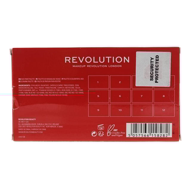 Revolutions ultimate face paint palette has all the colours you will need for the great look that you will be inspired to create. Happy painting and you will be spoilt for choice with this Cruelty Free and Vegan palette..
