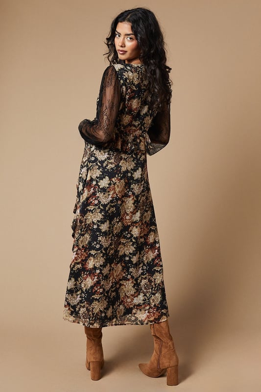 Petite Folk Lace Sleeve Ruffle Front Midi Dress