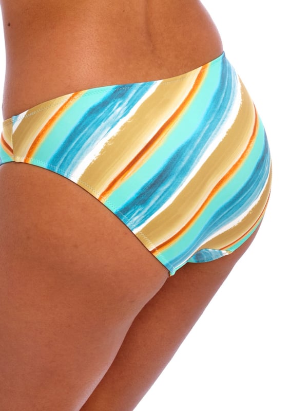 Freya Castaway Island Bikini Brief. Mid Rise swimwear bottom with watercolour stripe print and moderate coverage. This product is recommended to be washed on a gentle wash cycle.