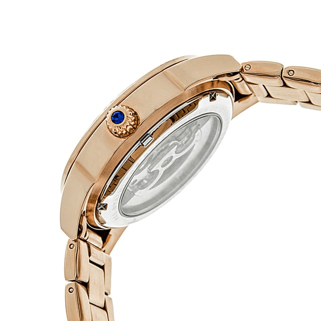 316L Surgical-Quality Stainless Steel Case; Jeweled Automatic Movement; Jewel Bearings: 19 Jewels; 36-Hour Power Reserve; Beats per Hour (BPH): 21600/Hour; Sapphire-Coated Mineral Crystal; Mother-of-Pearl Dial; Skeleton Dial; 12 Crystal Markers on Dial; Observation Caseback to view Movement; Jewel-Tipped Crown; 316L Surgical-Quality Stainless Steel Bracelet; Logo-Engraved Fold-Over Push-Button Deployment Clasp; Luminous Hands; 38mm Diameter; 10 ATM Water Resistance;