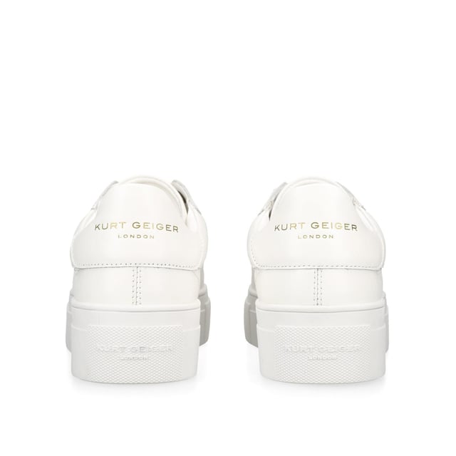 This Kurt Geiger Greenwich Cupsole sneaker features a white leather upper with lace up fastening. There is antiqued brass branding on the eye stay and micro head eagle on the tongue. Sole height: 4cm.