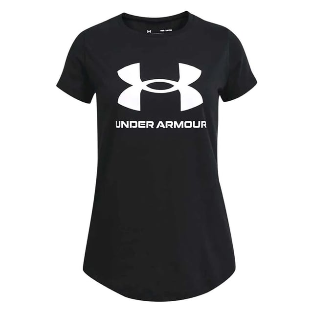This versatile and stylish shirt is designed to provide comfort and performance for women on the go. Here's a description of its key features:

 Sleek Design:  The classic black color of this T-shirt offers a timeless and versatile look that pairs well with a variety of bottoms, making it suitable for both active and casual occasions.

 High-Quality Material:  Made from premium, moisture-wicking fabric, this shirt keeps you dry and comfortable during workouts and daily activities.

 Breathable:  The fabric is breathable, allowing for airflow and moisture evaporation, ensuring you stay cool and comfortable even during intense physical activities.

 Loose Fit:  The loose fit provides ample room for movement and flexibility, making it an ideal choice for sports, workouts, and everyday wear.

 Short Sleeves:  The short sleeves offer a classic and sporty appearance, making this T-shirt suitable for various weather conditions and perfect for layering.

 Durable Construction:  Under Armour's commitment to quality is evident in the T-shirt's construction, ensuring it can withstand the rigors of an active lifestyle.

 Under Armour Logo:  The iconic Under Armour logo is prominently featured, symbolizing quality, performance, and style, and showcasing your commitment to excellence.

 Easy Care:  This T-shirt is easy to maintain and can be machine washed, providing convenience for your busy schedule.

The Under Armour Live Sportstyle Women's Black T-Shirt combines style and functionality, making it a versatile choice for active women who want to look and feel great during workouts, sports, or everyday activities. With its high-quality materials and timeless design, this T-shirt is sure to become a go-to favorite in your wardrobe.