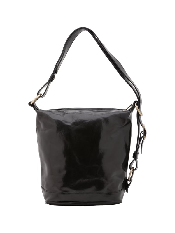 Bolso tipo bombonera para mujer. El cierre es con cremallera. Los bolsillos internos son uno con cremallera. Los bolsillos externos están ausentes. La bandolera es ajustable en piel. Falta el mango. Hay un compartimento interno. El material exterior es auténtica piel de vacuno. Internamente está forrado en algodón. Medidas: 34x33x15 cm. Hecho en Italia