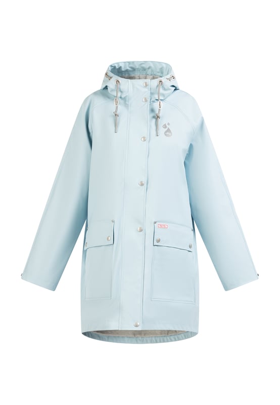 Het regenjack van myMo is met zijn brede poncho vorm helemaal in de trend. Het gecoate materiaal is bovendien niet alleen waterdicht, maar dankzij de gesealde naden ook winddicht en biedt zo de beste bescherming tegen alle weersomstandigheden. De binnenvoering is van een zachte jersey, wat het draagcomfort nog vergroot. Een grote capuchon met trekkoorden en een glitterkoord, verstelbare manchetten en de optimale lengte zorgen ook voor duurzame bescherming. Effectieve luchtcirculatiegaten onder de armen zorgen voor een goed ademend vermogen. De oogjes, knopen en andere kleine details zijn versierd met mooie en stijlvolle logo reliëfs.Belangrijke maatinformatie: Omdat het jack een speciale oversize vorm heeft, is het geschikt voor verschillende maten: Maat XS/S - past tot maat 42/44 Maat M/L - past tot maat 46/48 Maat XL/XXL - past tot maat 50/52
