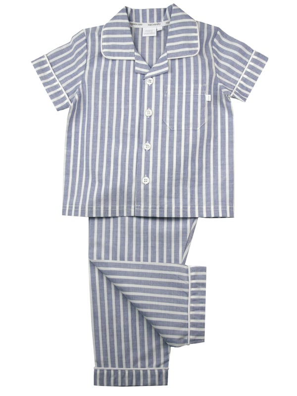 Blue and White Stripe Traditional Summer Pyjamas.

Our classic short sleeve crisp summer cotton boys pyjamas in a blue and white stripe creates a traditional look that’s perfect for lounging or sleeping. Made from super-soft 100% crisp cotton. The set is trimmed with white cotton piping. The top has an open collar and revere, single square pocket with MV tab and fastens with Mini Vanilla Engraved buttons. The crisp cotton comfy trousers have a fully soft elasticated waist and white piping at the hem to finish this very traditional boys pyjamas

Sold as a Pyjama set.
Fabric 100% cotton - crisp summer weight.
Fire Warning : KEEP AWAY FROM FIRE AND FLAMES.
Wash Care Instructions : Machine wash inside out, do not soak, wash dark                    colours separately, do not iron trims. Save energy and wash at 30 degrees.
Do not tumble dry