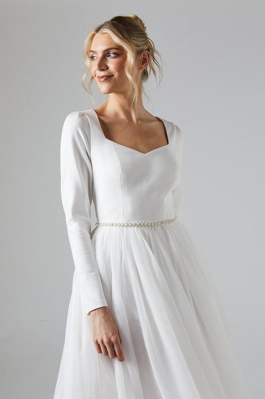 Sweetheart Neckline Ponte Midi Wedding Dress With Tulle Skirt