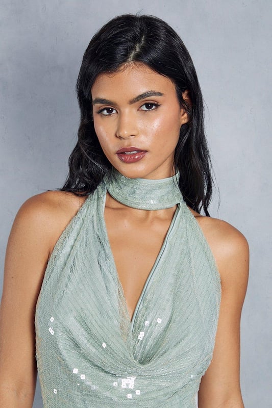 Sequin Choker Neck Halterneck Backless Maxi Dress