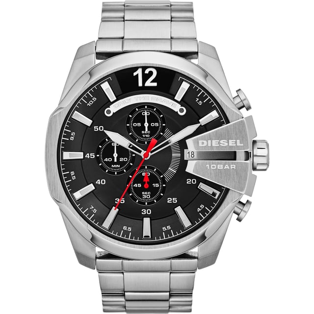 This Diesel Mega Chief Chronograph Watch for Men is the perfect timepiece to wear or to gift. It's Silver 51 mm Round case combined with the comfortable Silver Stainless steel watch band will ensure you enjoy this stunning timepiece without any compromise. Operated by a high quality Quartz movement and water resistant to 10 bars, your watch will keep ticking. This sporty and fashionable watch gives you a unique feeling in every outfit! -The watch has a calendar function: Date, Stop Watch, Luminous Hands, Luminous Numbers High quality 21 cm length and 26 mm width Silver Stainless steel strap with a Fold over with push button clasp Case diameter: 51 mm,case thickness: 14 mm, case colour: Silver and dial colour: Black