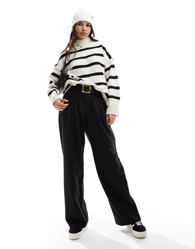 ASOS DESIGN longline jumper with high neck in cream and black stripe-Multi Jumpers & Cardigans by ASOS DESIGN Knitwear until further notice Stripe design High neck Long sleeves Relaxed fitSold By: Asos