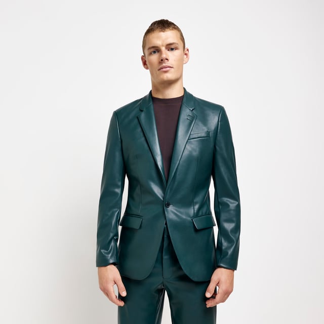 River Island Mens Suit Jacket Green Slim Fit Faux Leather