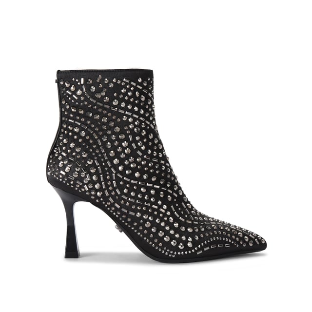 The Carvela Catwalk ankle boot features a black satin upper with gunmetal studs across the upper. The heel is in a flared design. Heel height: 8.5cm.