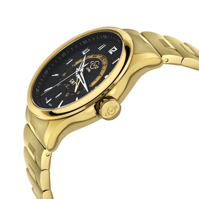 Giromondo, Italian for globetrotter, is the ultimate high-powered, jet-setting companion.  Built to out-perform on the go, this Quartz 42mm timepiece is GV2’s boldest statement yet.  Swiss Quartz GMT movement powers the 42mm Case with an exhibition back and genuine Italian leather strap.  Not to be confused with a Maserati or Ferrari, this model of Italian luxury can take you anywhere.  GV2’s Giromondo – performance and technology made to move.
GV2 42306B Men's Giromondo Swiss Quartz Watch
GV2 Men’s Swiss Quartz watch from the Giromondo Collection
42mm IPRG Case with Black Dial and 24 hour format on Inner Dial
Push Pull Crown, Date at 6 o'clock
Exhibition Case Back
IPYG Bracelet with Deployment Buckle
Anti-reflective Sapphire Crystal
Water Resistant to 50 Meters/5ATM
Swiss Quartz GMT Movement, Ronda 515