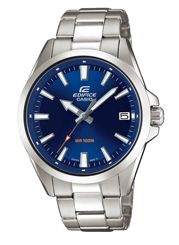 This Casio Edifice Analogue Watch for Men is the perfect timepiece to wear or to gift. It's Silver 40 mm Round case combined with the comfortable Silver Stainless steel watch band will ensure you enjoy this stunning timepiece without any compromise. Operated by a high quality Quartz movement and water resistant to 10 bars, your watch will keep ticking. This is a perfect sporty and casual watch for you, it's a great gift for family or friends -The watch has a calendar function: Date, Luminous Hand High quality 21 cm length and 18 mm width Silver Stainless steel strap with a Fold over with push button clasp Case diameter: 40 mm,case thickness: 11 mm, case colour: Silver and dial colour: Blue