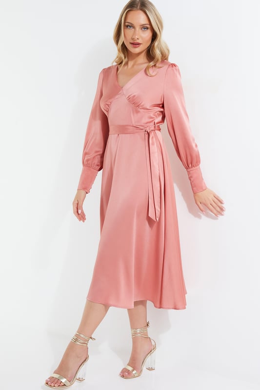 Pink + Red Long Sleeve Plus Size Satin Style Duo Colour Midi Wrap Dress