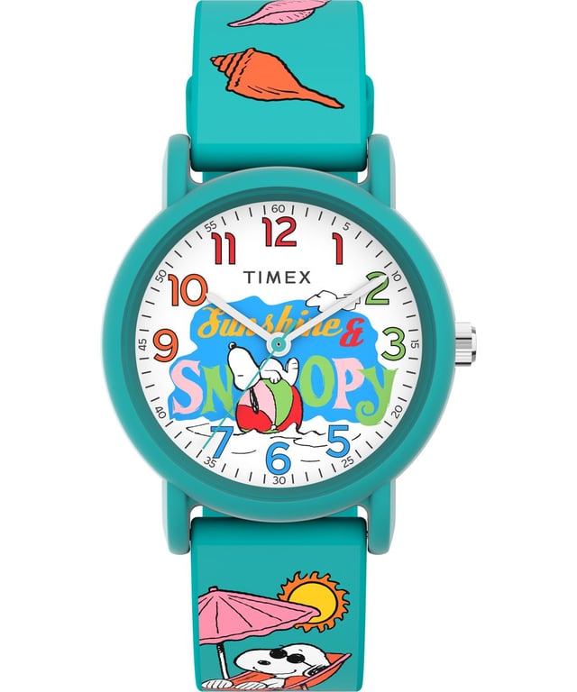 This Timex Peanuts Weekender Color Rush Analogue Watch for Child is the perfect timepiece to wear or to gift. It's Green 36 mm Round case combined with the comfortable Green Silicone watch band will ensure you enjoy this stunning timepiece without any compromise. Operated by a high quality Quartz movement and water resistant to 3 bars, your watch will keep ticking. Hit the beach with Snoopy! Your favorite beagle soaks up the sun on the dial and flexible silicone strap of our Color Rush watch. High quality 20 cm length and 17 mm width Green Silicone  strap with a Buckle Case diameter: 36 mm, case thickness: 8 mm, case colour: Green and dial colour: Multicolour
