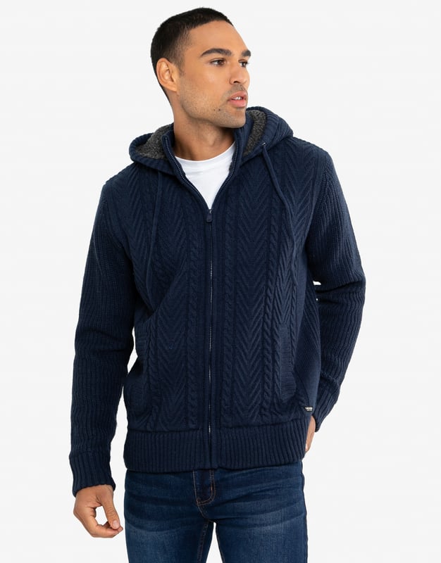 This zip through, knitted hoody from Threadbare features a cable knit design, has a cosy borg lining and two side pockets. Perfect for keeping warm this season. Other colours and similar styles available.