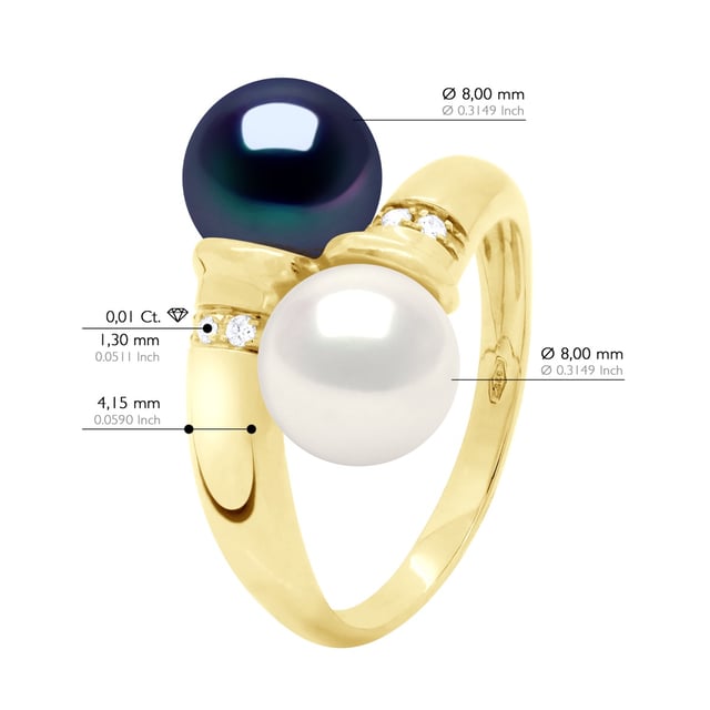 Ring \"You \u0026 Me\" - Diamanter 0,04 Cts - 2 äkta odlade sötvattenspärlor runda 8-9 mm - FÄRG NATURLIG VIT + SVART TAHITI - Gult guld - Levereras med äkthetscertifikat och internationell garanti - MADE IN FRANCE