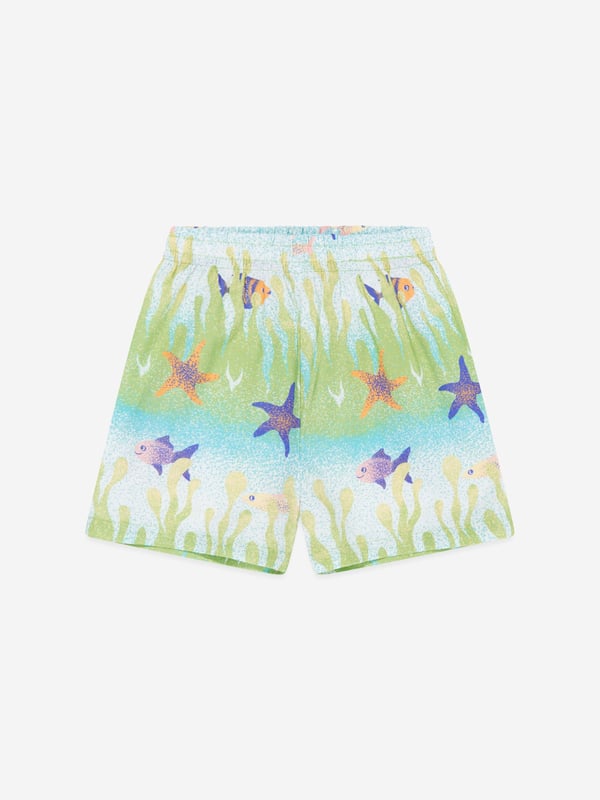 Introducing the high-end Baby Boys Under The Sea Shorts in Green by Molo. The perfect addition to spruce up your baby boy's holiday wardrobe, this piece asserts style and comfort hand in hand. Here's what sets it apart:  Playful Print: This trendy sea-themed print adds zest and vibrancy to these shorts, making it a striking ensemble.  Supreme Comfort: Crafted from top-tier materials, these shorts offer unparalleled comfort, allowing your little one to frolic around with ease. Wardrobe Makeover: Step up your baby boy's fashion game with these Under The Sea Shorts in Green by Molo. Secure your pair today and let your little man make a stylish splash!