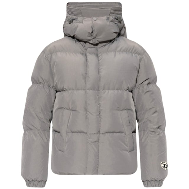 Diesel Grey Jacket, Central Zip Closure, Front Pockets, Plain Winter Coat, Material: 100% Polyamide, Lining: 100% Polyamide, Filling: 100% Polyester, Grey Hooded Coat
