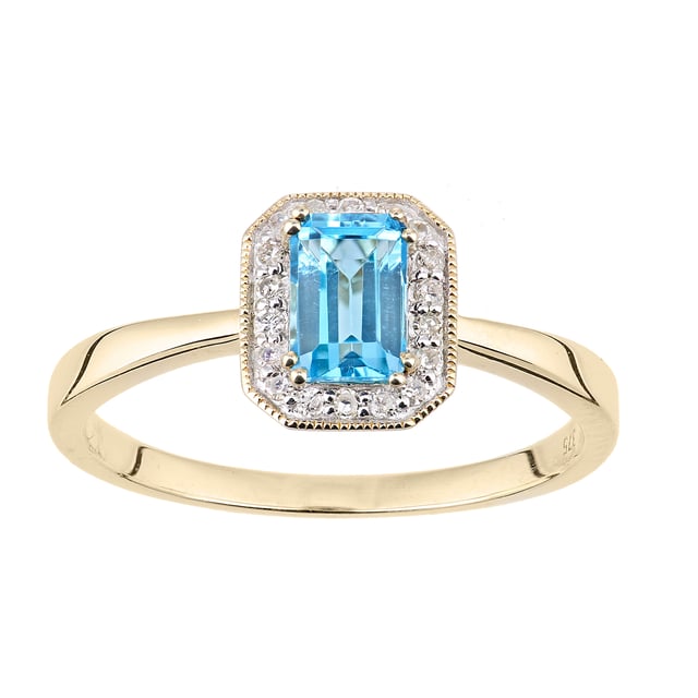 Oro amarillo de 9 quilates (375): 1,3 g; # Diamante: 0,08 quilates; # Topacio Azul: 0.67ct