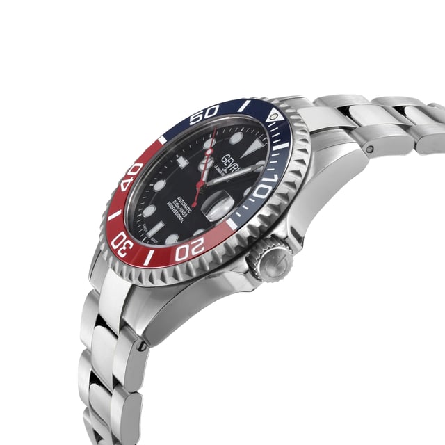 An accessory to success. A distinctive, Swiss-made timepiece is always a sound investment. Artfully reminiscent of the famed New York City skyline, each watch in the Gevril Wall Street Collection commands attention with a stainless steel, architectural design. The new 39mm unidirectional rotating bezel frames sapphire-doomed, anti-glare crystal. Detailed to perfection, a magnified lens showcases luminous indices and hands on a contrasting dial. Form never suffers to function: each watch is water resistant for up to 200 meters and features a stainless steel bracelet with folding deployment closure. Available in a series of sleek dial colorways, the Wall Street Collection makes a strong statement.

Gevril 4769B Men's Wall Street Swiss Automatic Watch

Gevril Men's Swiss Automatic Watch from the Wall Street Collection
39mm Round Stainless Steel Satin and Polished Case, Unidirectional rotating Blue/Red bezel
Black Enamel dial, date at 3 o'clock Magnified Lens, Luminous indices on the dial, Luminous hands
Exhibition Screw down Case back, Screw down Crown with Gevril Logo
316L Stainless Steel Satin and Polished Bracelet With Deployment Buckle
Anti-reflective Sapphire Crystal
Water Resistant to 200 Meters/20 ATM
Swiss Automatic Movement, Sellita SW200-1