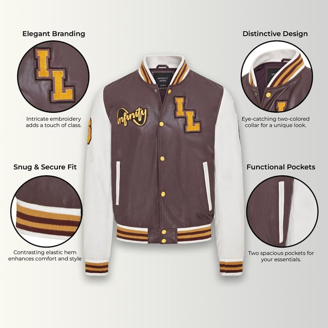 Introducing the Men's Baseball Leather Jacket, a perfect blend of classic varsity style and modern craftsmanship. This letterman bomber jacket features contrasting sleeves and a striped knit ribbed collar, waistband, and cuffs for a timeless athletic look. The press studs front closure and embroidered brand logo patches on the chest and sleeves add a touch of authenticity and flair. Designed with practicality in mind, it includes two jet pockets at the waist and two inside welt pockets for your essentials. The panelling to the back of the jacket ensures a tailored fit and superior comfort.

Contrasting sleeves for a stylish look
Striped knit ribbed collar, waistband, and cuffs for a classic finish
Press studs front closure for easy wear
Embroidered brand logo patches on the chest and sleeves for added detail
Two jet pockets at the waist and two inside welt pockets for convenience