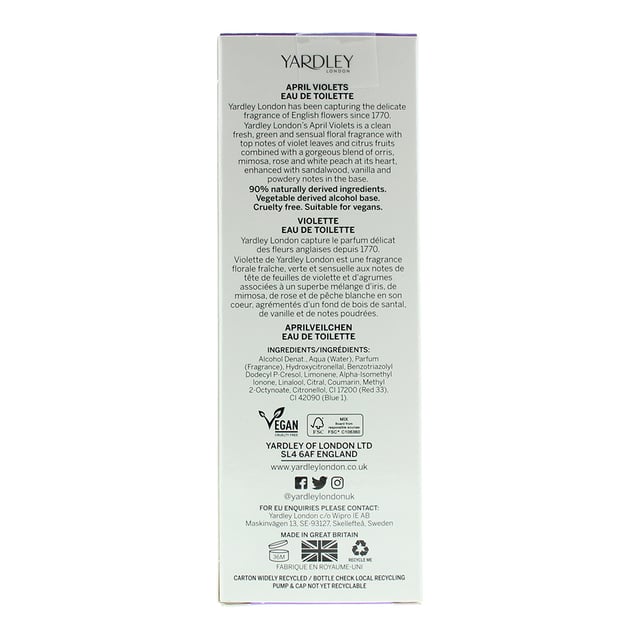 Yardley London is one of the oldest companies in the world to specialise in cosmetics fragrances and related toiletries products. It was founded in 1770 and continues to create luxury items. The company offers body sprays body lotions hand creams soaps skin care and hair care products talcum powders and body washes for women and men. April Violets is a fresh floral fragrance by Yardley. It was released in 2015. The top notes are violet leaf and citruses. The middle notes are orris mimosa rose and white peach. The base notes are powdery notes vanilla and sandalwood.