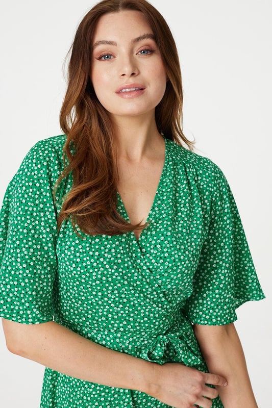 Green Ditsy Floral Midi Wrap Tea Dress