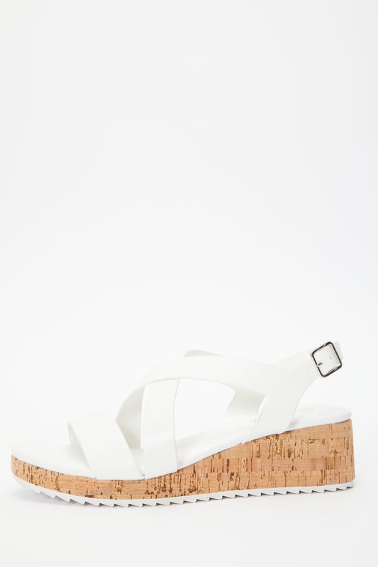White Faux Leather Sporty Wedges - Faux leather finish - Cross strap design - Cork style wedge - Buckle fastening - Heel Height: 5cm / 2” approx