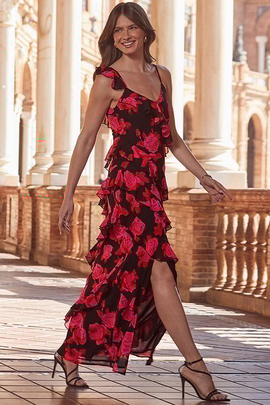 Black Pink Floral Print Ruffle Detail Maxi Dress