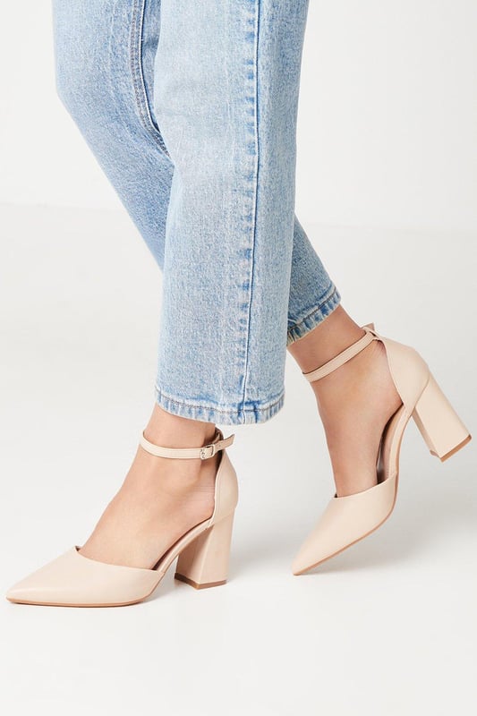 Blanche Ankle Strap Pointed High Block Heel Court Shoes