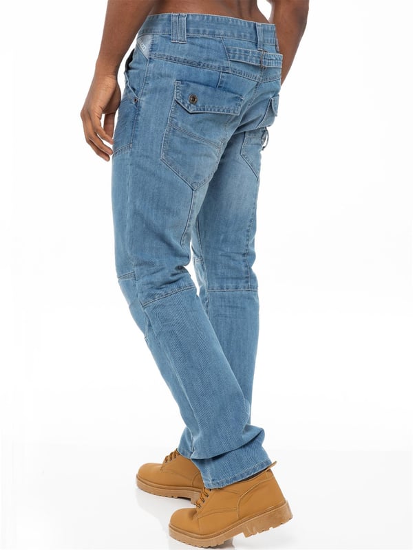 Turn up your style a notch with the latest midwash mens jeans. Enzo straight fit jeans in cotton blend blue denim feature a zip fly, double belt loops, seams at knee and thigh and back pockets with flaps. Straight leg jeans never go out of style and are perfect for relaxed weekends; tailored to sit just below the natural waist, they suit all figure types and with sizes up to 48, theres a pair of Enzo jeans to fit everyone. Also available in Blue, Grey and Black.