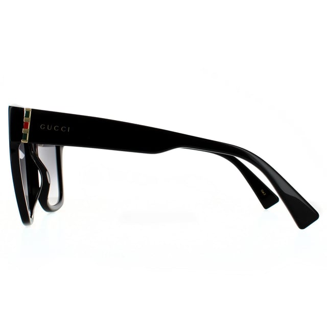 Gucci Square Womens Black Grey Gradient  Sunglasses Gucci are a feminine, oversized cat-eye style. They have a retro aesthetic and are made fully from glossy acetate. Signed off with the Gucci text logo and signature Gucci colors at the hinges.