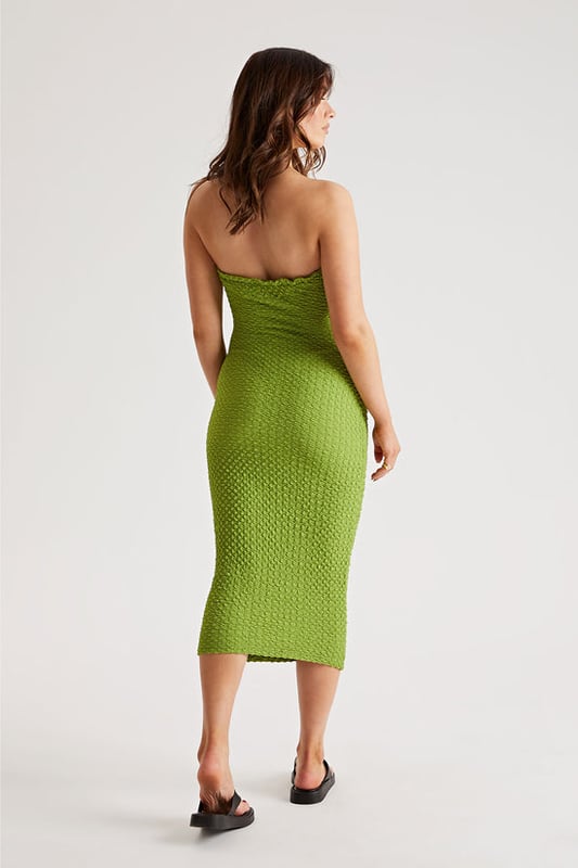 Model is 5'6 and wears a size 8. Strapless, Bodycon, Midi Length, Texture detail