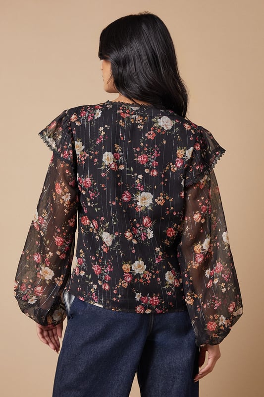 Floral Metallic Chiffon Lace Trim Ruffle Sleeve Blouse