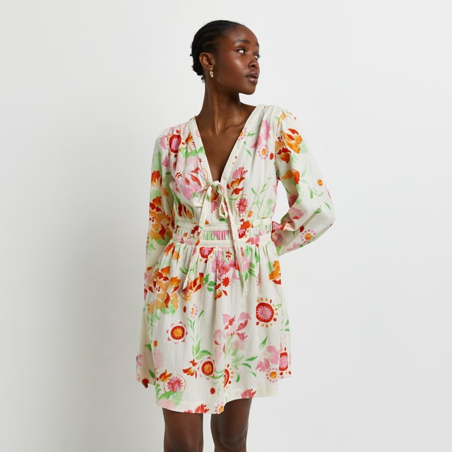 River Island Womens Mini Dress Cream Long Sleeve Tie Front