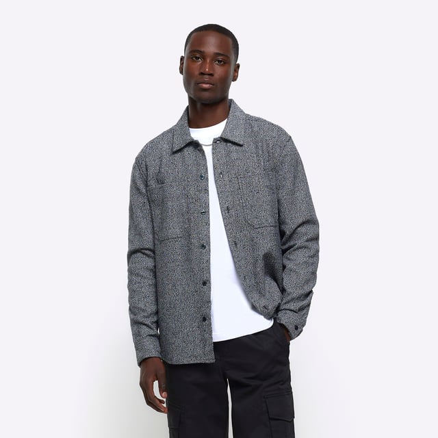 River Island Mens Shirt Grey Regular Fit Textured Long Sleeve