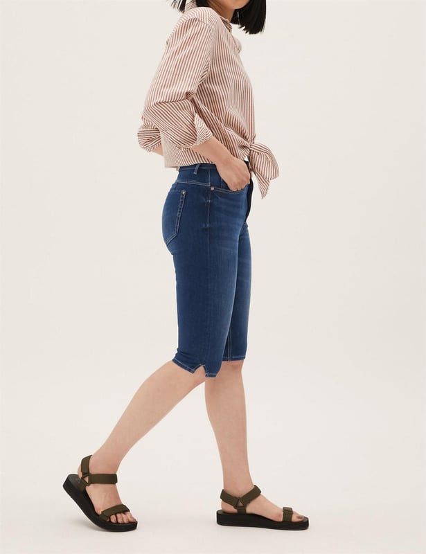 High waisted denim hotsell shorts knee length