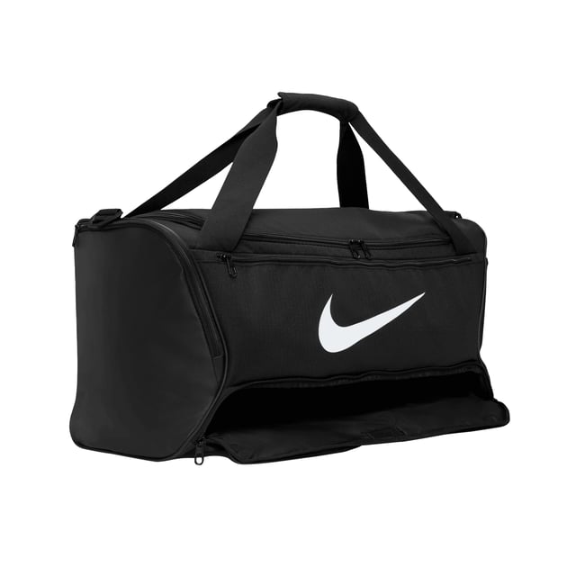 100% Polyester. Fabric: Fibre. Height: 25cm. Width: 12cm. Depth: 12cm. Adjustable Shoulder Strap, Coated Base, D-Ring, Detachable Strap, Dual Carry Strap, Touch Fastening Hand Support. Fastening: Two Way Zip. Design: Swoosh. Compartments: 1 Main Compartment, Zipped. Pockets: 1 Front Pocket, 2 Side Pockets, 1 Inner Pocket. Capacity: 60L. Sustainability: Made from Recycled Materials.