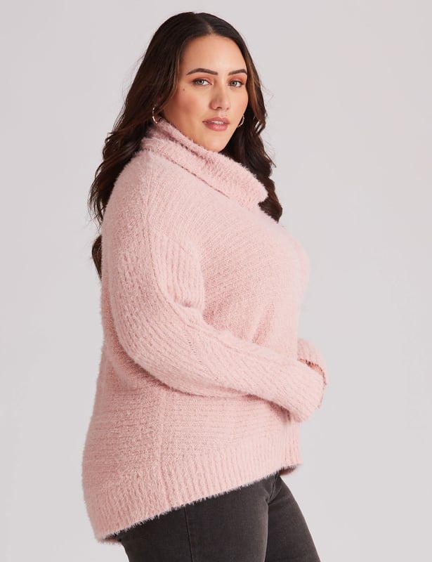 Womens Beme Long Sleeve Cowl Neck Fluffy High Low Jumper Plus Size