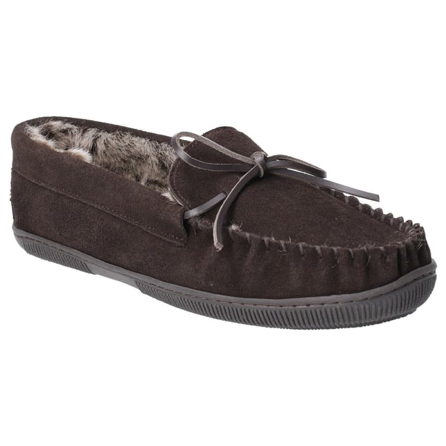 Hush Puppies Mens Ace Slip On Leather Slipper (Chocolate) Real suede upper. Faux fur lining and sock. Soft, flexible, hard wearing indoor/outdoor sole. Memory foam comfort sock. Gift boxed.
