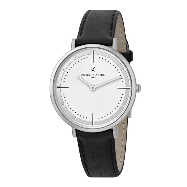 This Pierre Cardin Belleville Park Analogue Watch for Men is the perfect timepiece to wear or to gift. It's Silver 41 mm Round case combined with the comfortable Black Leather watch band will ensure you enjoy this stunning timepiece without any compromise. Operated by a high quality Quartz movement and water resistant to 3 bars, your watch will keep ticking. This casual and modern watch is perfect for all kind of casual activities, indoor activities or daily use, it's also a great gift for family and friend. High quality 21 cm length and  18 mm width Black Leather strap with a Buckle Case diameter: 41 mm,case thickness: 5.8 mm, case colour: Silver and dial colour: White