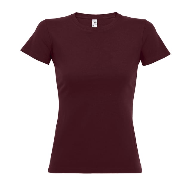 Taped back neck. Rib neckline. Side seams. Twin needle sleeves and hem. Fabric weight: 190 gsm. Material: 100% ringspun semi-combed cotton. Slim fit. Ladies size: S(8/10), M(10/12), L(12/14), XL(14/16), XXL(16/18).