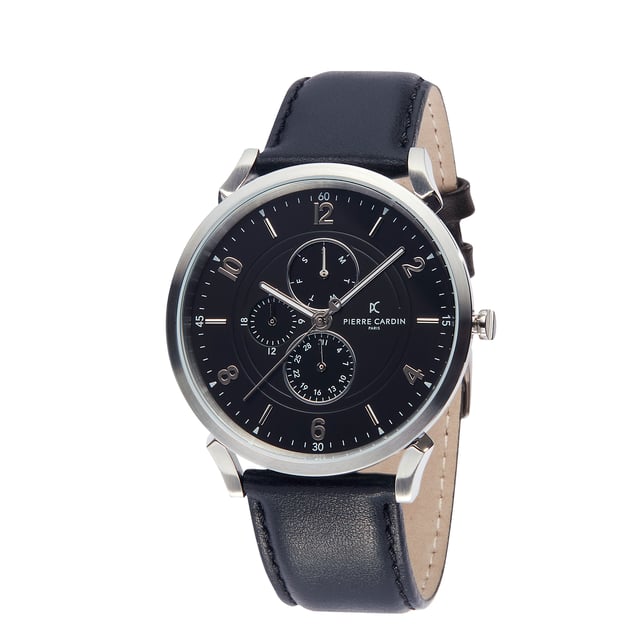 This Pierre Cardin Pigalle Boulevard Multi Dial Watch for Men is the perfect timepiece to wear or to gift. It's Silver 44 mm Round case combined with the comfortable Black Leather watch band will ensure you enjoy this stunning timepiece without any compromise. Operated by a high quality Quartz movement and water resistant to 3 bars, your watch will keep ticking. This sporty and clasical watch is perfect for every occasion! -The watch has a calendar function: Day-Date, Luminous Hands, 24-hour Display High quality 21 cm length and  21 mm width Blue Leather strap with a Buckle Case diameter: 44 mm,case thickness: 8 mm, case colour: Silver and dial colour: Blue
