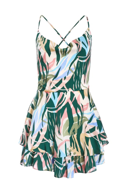- Tropical print - Satin finish - Cowl neckline - Cross back design - Model height: 5 7" - Model wears uk 8 / us 4 / eur 36 - Always check the wash care label, cool hand wash with mild detergent