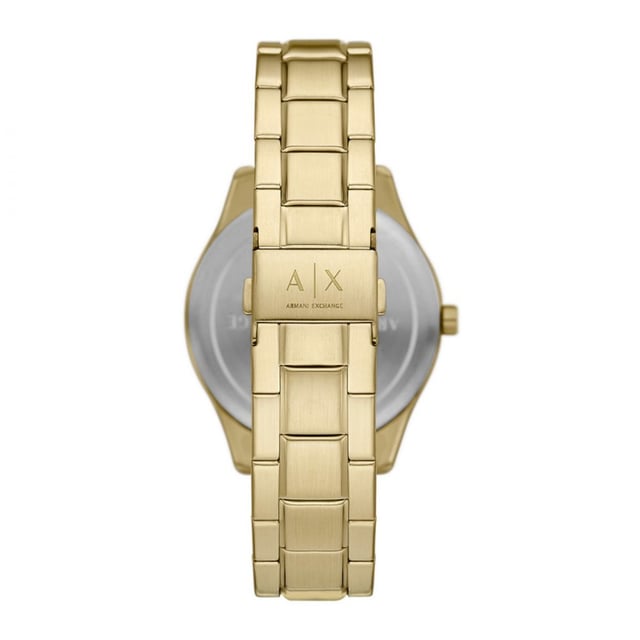 This Armani Exchange Dante Multi Dial Watch for Men is the perfect timepiece to wear or to gift. It's Gold 42 mm Round case combined with the comfortable Gold Stainless steel watch band will ensure you enjoy this stunning timepiece without any compromise. Operated by a high quality Quartz movement and water resistant to 5 bars, your watch will keep ticking. This fashionable and classic watch matches any outfit at any occasion,it adds style to your life  This Multi Dial watch has a Calendar function: Day-Date and 24-hour Display High quality 20 cm length and 21 mm width Gold Stainless steel strap with a Fold over with push button clasp Case diameter: 42 mm,case thickness: 9 mm, case colour: Gold and dial colour: Black